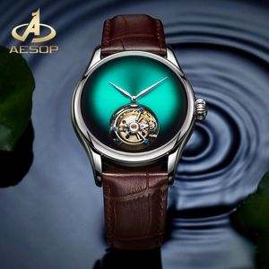 Zegarek na rękę Aesop Fashion Green Dial dwustronny szafir szklany zegarek Real Tourbillon Mechanical Waterproof Cloc