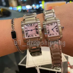 Mode Women Quartz Bewegung Uhren vollständige Edelstahl Lady Square Tank Edelstahl Hülle Original Clasp Analog Casual Armbandwatch Montre de Luxe