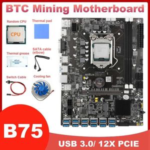 Moderbrädor B75 12GPU BTC Miner Motherboard CPU Fan Thermal Grease/PAD SATA CABLE SWITCH 12USB3.0 till PCIe LGA1155 DDR3 MSATA