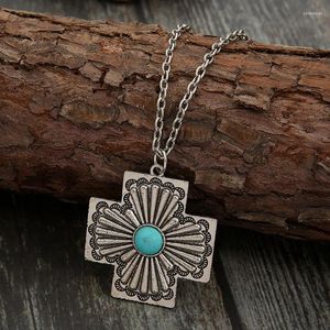 Pendant Necklaces Retro Fashion Geometric Cross Necklace Inlaid Turquoise Jewelry Boho Party Gift