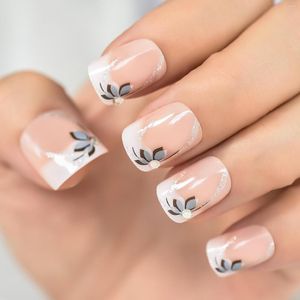 Falsche Nägel, französische, edle Maniküre, kurzes, rundes Blumenoberteil mit Diamant-Glitzer, zum Aufdrücken von künstlichen Nagelspitzen, Laschen, süß, lieblich