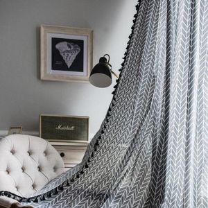 Curtain Grey Geometric Tassel High Qquality Blackout Cotton Linen Bay Window Cover Semi-shading Hooks Rod Packet Grommets Top