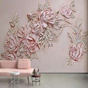 Bakgrunder Anpassad självhäftande tapet 3D Stereo Pink Relief Rose Flower Mural vardagsrum sovrum romantisk dekor kreativ vattentät