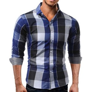 Men's Casual Shirts Fashion Men Plaid Cotton Shirt Long Sleeve Classic Slim Fit Button Down Top