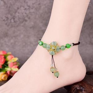 Anklets FYSL Light Yellow Gold Color Flower With Green Aventurine Beads Anklet For Women Handmade Weave Jewelry