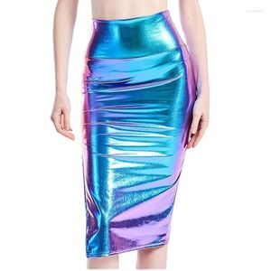 Skirts Women Faux Leather Midi Skirt Ladies Chic Mid Calf Sexy Laser Pencil High Waist PU Clubwear Plus Size