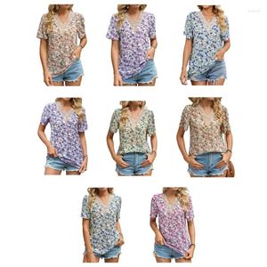 Kvinnors T-skjortor Kvinnor Summer Casual Short Sleeve Loose Chiffon T-shirt Guipure spets V-ringning Floral Tryckt Pullover Bluses Tunic Top