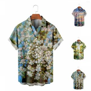 Herr t -skjortor lång man för män sommar 3d colorblock mens hawaiian casual blommor tryck kort ärm strand lång passform