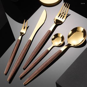 Dinnerware Sets 304 Stainless Steel Glossy Silver Wooden Knife Fork Spoon Tableware Western Dinner Ware Teaspoon Cutleries
