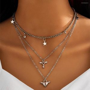 Colares pendentes de moda vintage Multilayer Silver Star Star em forma de coração Colar de trava de anjo para mulheres Boho Cheker Jewelry Gift