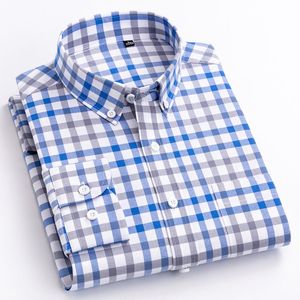 Camisas casuais masculinas escovaram a camisa xadrez xadrez de algodão de algodão de bolso de pocket sinistro de manga longa de manga longa