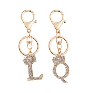 Women Crystal Crown Alphabet Pendant With Key Ring Gold Color A-Z 26 Letters Keychain For Women Purse Handbags Charms Accessories