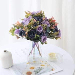 Dekorativa blommor kransar Autumn Silk Artificial Roses Bouquet Flowers Wedding Home Decoration High Quality Luxury Fake Flower Arrangement Bulk T230217