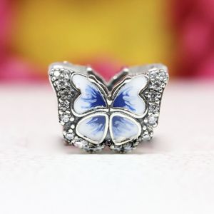 100% 925 Серебряная синяя синяя бабочка, блестящая бусинка, подходит для европейских ювелирных украшений Pandora Bracelets