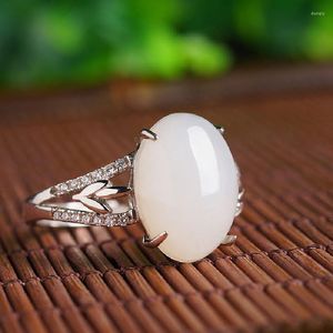 Klusterringar stora äggnudlar Hetian Jade 925 Sterling Silver Live Ring Female Inlaid White Simple Jewelr