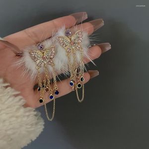 Dangle Earrings 2023 Autumn And Winter Plush Butterfly Tassel Korean Version Shiny Zircon Hair Ball Long Chain Jewelry