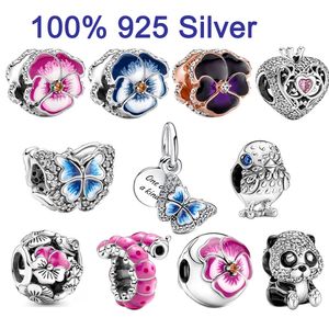 Real 925 Sterling Silver Original Type Shiny Pink Butterfly Flower Charm Fit for DIY Pandora Bracelet Suitable for women's jewelry fashion accessories free delivery