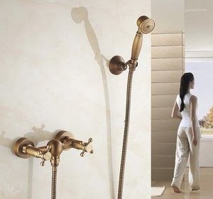 Kitchen Faucets Antique Brass Wall Mounted Bathroom Two Cross Handles Telephone Hand Held Shower Set With Bracket &1.5m Hose Atf301