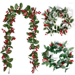 Decorative Flowers 175cm Artificial Holly Leaves Red Berries Vine Christmas Rattan DIY Garland Xmas Tree Hanging Ornaments Home Decoration