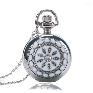 Pocket Watches Elegant Women's Silver & White Crystal Case Quartz Fob With Pendant Sweater Necklace Chain For Ladies Girls