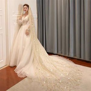 Bridal Veils Bling Long With Comb White Champagne One-Layer Wedding Cathedral Veil Glitter Moon Stars 3.5MetersBridal