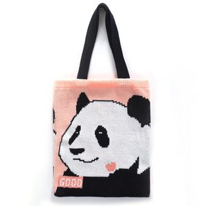 Evening Bags Women Cartoon Panda Pattern Knitting Woolen Tote Bag Female Crochet Stylish Daily Soft Yarn Cute Sweet Shopping Shopper Handbag