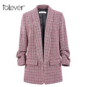 Ternos femininos Blazers Office Lady Gross Tweed Plaid Blazer feminino Feminino de três quartos Sleeve Slim Fit Jacket Winter Spring Women Jackets Outerw