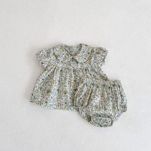 Kläderuppsättningar 1557B Baby Set Girl's Suit 2023 Summer Virgin Two Piece kläder Flower Doll Collar Shirt Short Toddler