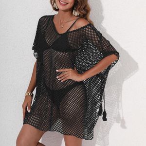 Dambadkläder Mode Sommar Strand Kvinnor Oversized O-ringad Bikini Cover Up Badning Mesh Klänning Sexig genomskinlig kortärmad