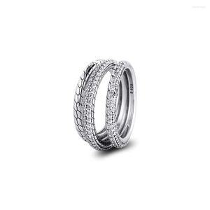 Anéis de cluster 2023 925 Sterling Silver Ring Triple Band Paving Snake Chain Pattern for Woman Jewelry Gift