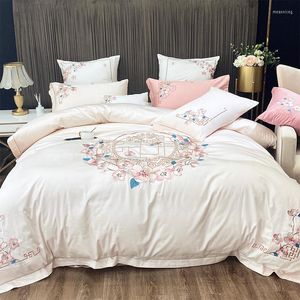 Set biancheria da letto Elegante copripiumino ricamato Lenzuolo piatto 600TC Cotone egiziano Lino 4 pezzi