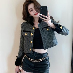 Damenjacken Elegante Damen-Jacke aus schwarzem Webstoff, Tweed-Jackenmantel, Büro-Damenmode, Stehkragen, lange Ärmel, goldfarbene Knöpfe, lässige Oberbekleidung