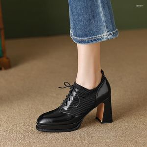 Dress Shoes 2023 Spring Women Pumps Natural Leather Plus Size 22-25cm Length Cowhide Sheepskin Pigskin Stone Pattern Thick Heel Loafers