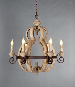 Pendellampor American Country Style Vintage Solid Wood France Rusted Metal Chandeliers for Kitchen Tak Light vardagsrum