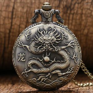 Pocket Watches Cool Bronze Chinese Dragon Design Quartz With Necklace Chain 3D Case Fob Watch For Men Reloj De Bolsillo