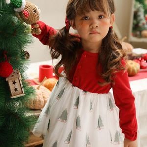 女の子のドレスベビークリスマススーツガールズレッドアンドグリーンプリントツリーキッズスカートお祝いの子供用服1〜6歳