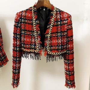 Women's Jackets JUNE LIPS HIGH STREET 2023 Classic Designer Long-Sleeved Red Plaid Jacket Women's Fringed Tweed Short