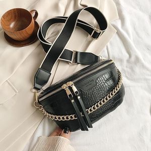 Midjepåsar Lyxiga kvinnor läder hög kvalitet tjock kedja axel crossbody bröstkvinna bälte säck designer märke handväska 230220