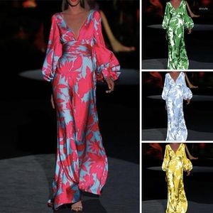 Casual Dresses Middle East Fashion Printed Sexy Deep V Neck High Waist Long Sleeved Evening Lady Cocktail Party Robes De Soire