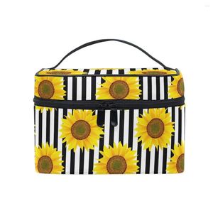 Cosmetic Bags Bag Sunflowers Striped Travel Makeup Organizer Case Portable Train For Women Girls