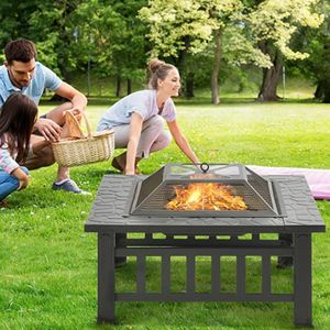 BBQ Grills 2pcs/lot UPS free 32x32x17Inch Outdoor Metal Wood Burning Square Fire Pit Portable Garden Courtyard Fire Bowl with Spark Screen Log Poker&Cover