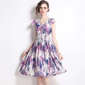 Повседневные платья S-xxl Fashion Summer Floral Dress Elegant Women без рукавов V шея цветочный принт шифоновый галстук бабочка эластичная талия vestidoscasual