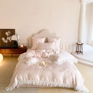 Bedding Sets Pink Summer Natural Eucalyptus Lyocell Soft Silky Set Rose Embroidery Lace Ruffles Duvet Cover Bed Sheet Pillowcase