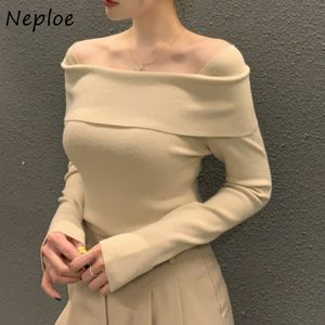 Kadınlar Sweaters Neploe Slash Boyun Düz Renk Uzun Kollu Çekme Femme 2023 Sonbahar Kış Jersey Mujer İnce Jumpers Örme Sweater y2k 230217