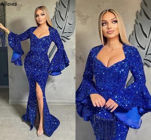 Bell l￥nga ￤rmar Dubai Arabiska Materninty Prom -kl￤nningar f￶r kvinnor Royal Blue Glitter Sequined Special Endan Evening Gl￤nningar Sexig Split Trumpet Formal Wear CL1878