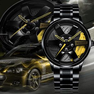 Zegarek na rękę Modny Sport Modny sport 2023 ze stali nierdzewnej Kwarcowa zegarek na rękę dla Man Wheel Design Male's Cool Clock Gift Black