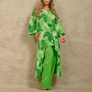 Women's Two Piece Pants Spring Set Women 2023 Work Wide Leg Green Vintage Boho Shirt Dress Casual Loose Streetwear Y2k Suit