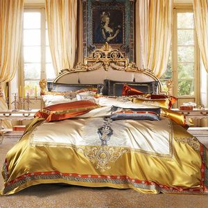 Set di biancheria da letto Blu dorato Raso di seta di lusso Chic Ricamo 4/6 / 11 pezzi Tigre Decoratore Tappezzeria Copripiumino Set lenzuolo Federe