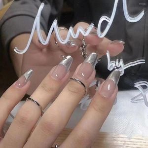 False Nails 24st Fake With Design Long Coffin Mirror Silver Y2K Press On Nail Wearable Sticker Full Cover French Tips