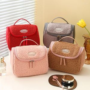 Cosmetic Bags Arrival Large Capacity Women PU Terry Vanity Makeup Case Ladies Girls Winter Travel Hanging Toiletry Fluffy Bag